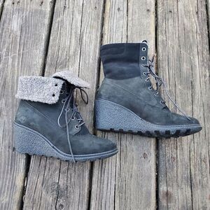 Timberland Earthkeepers Amston Roll-top Teddy Sherpa Black Leather Wedge Boots